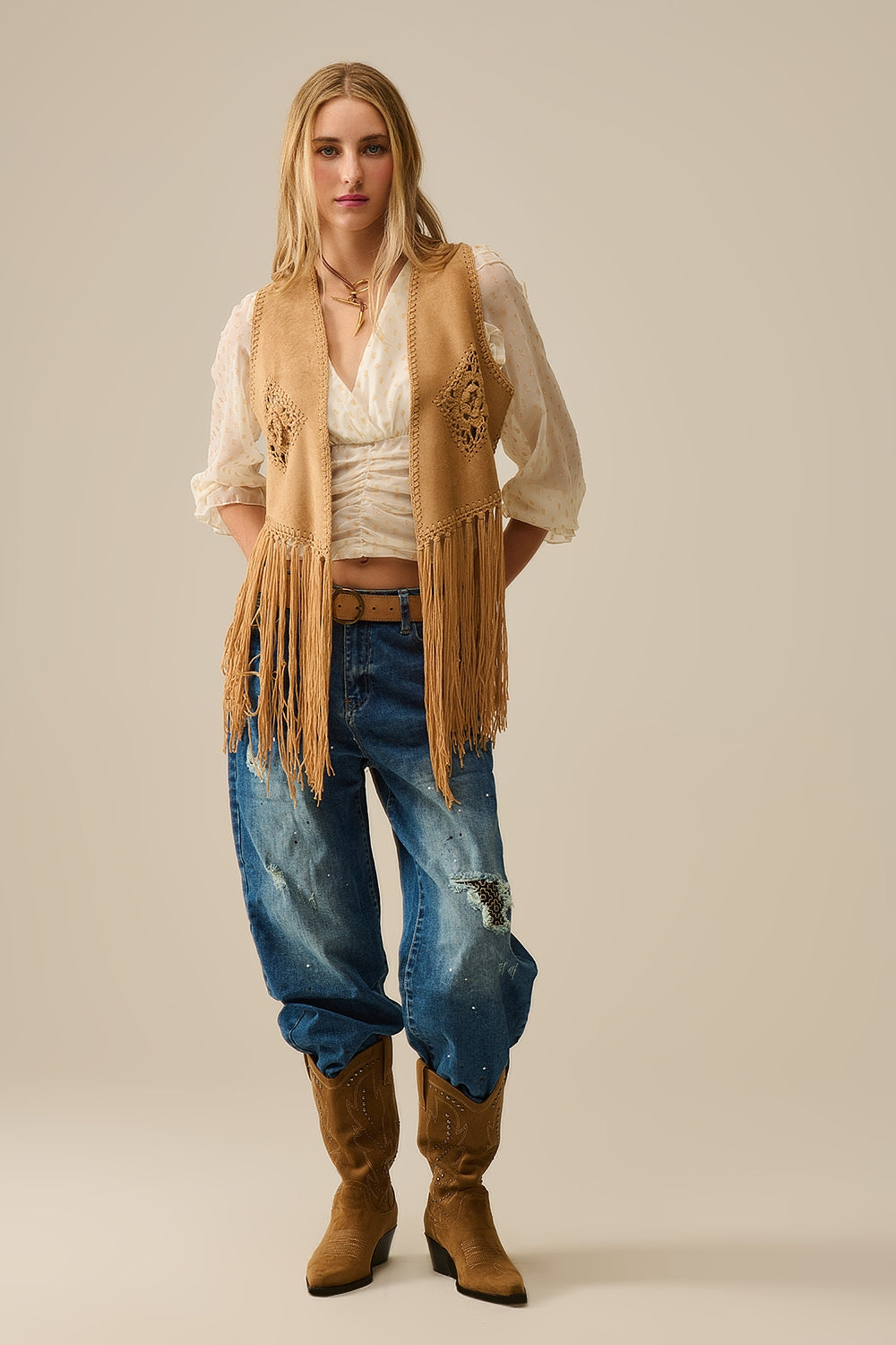 Cowgirl Style Fringe Faux Suede Vest in Camel