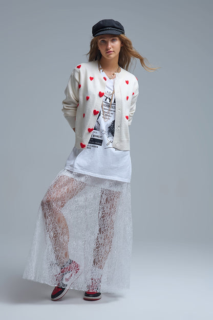 Cozy White Cardigan with Red Hearts