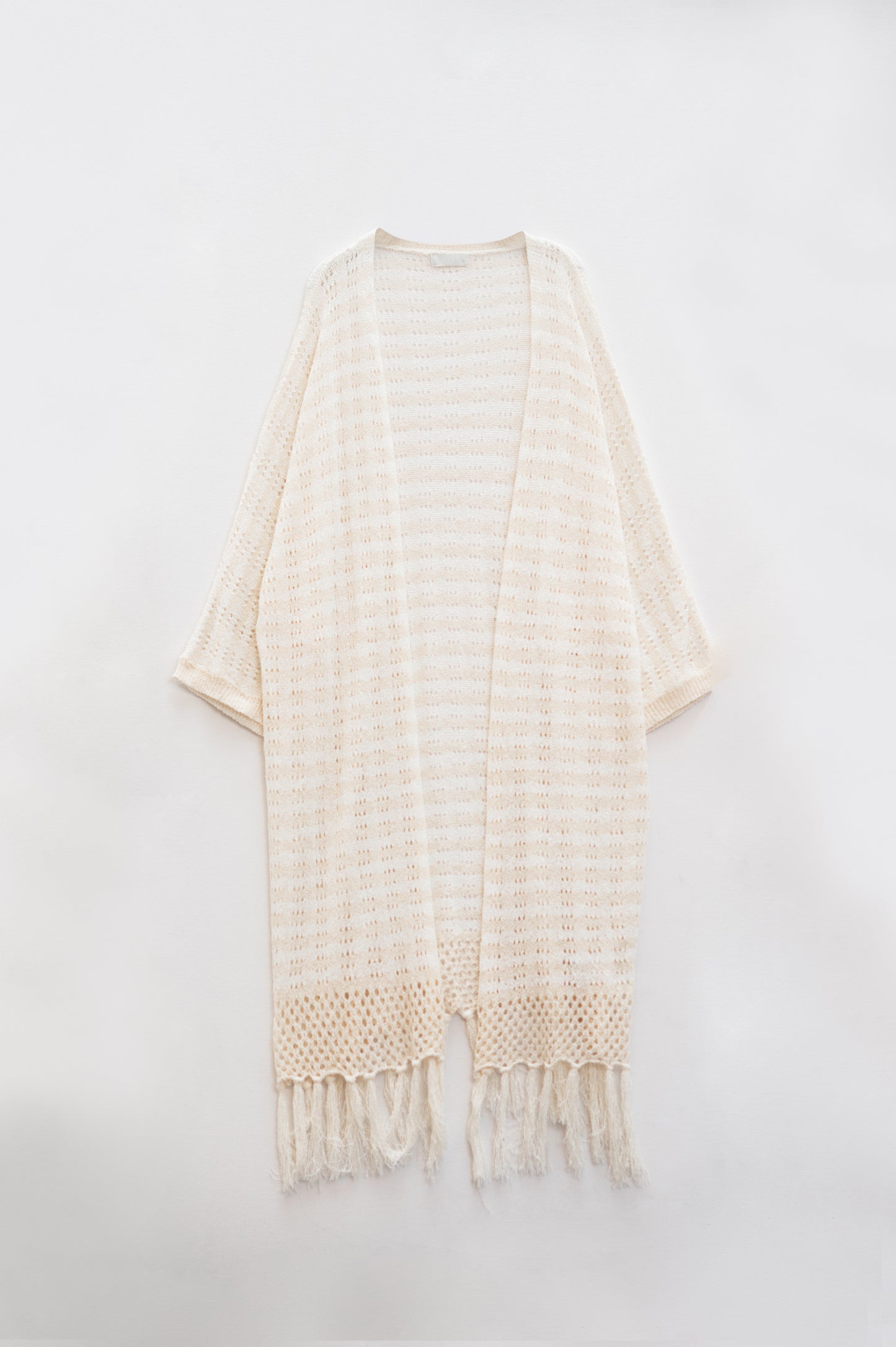 Cream Boho Style Cardigan With Stripes Pointelle Knit and Fringe Details
