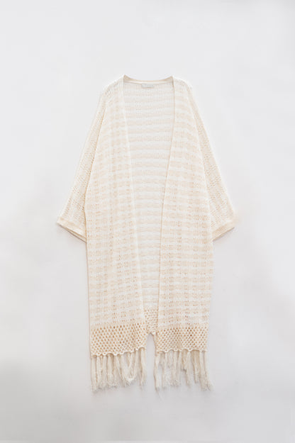 Cream Boho Style Cardigan With Stripes Pointelle Knit and Fringe Details