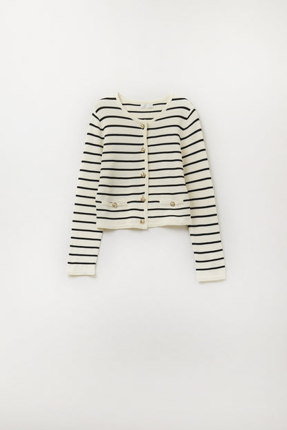 Cream Cardigan with Black Stripes and Gold Buttons