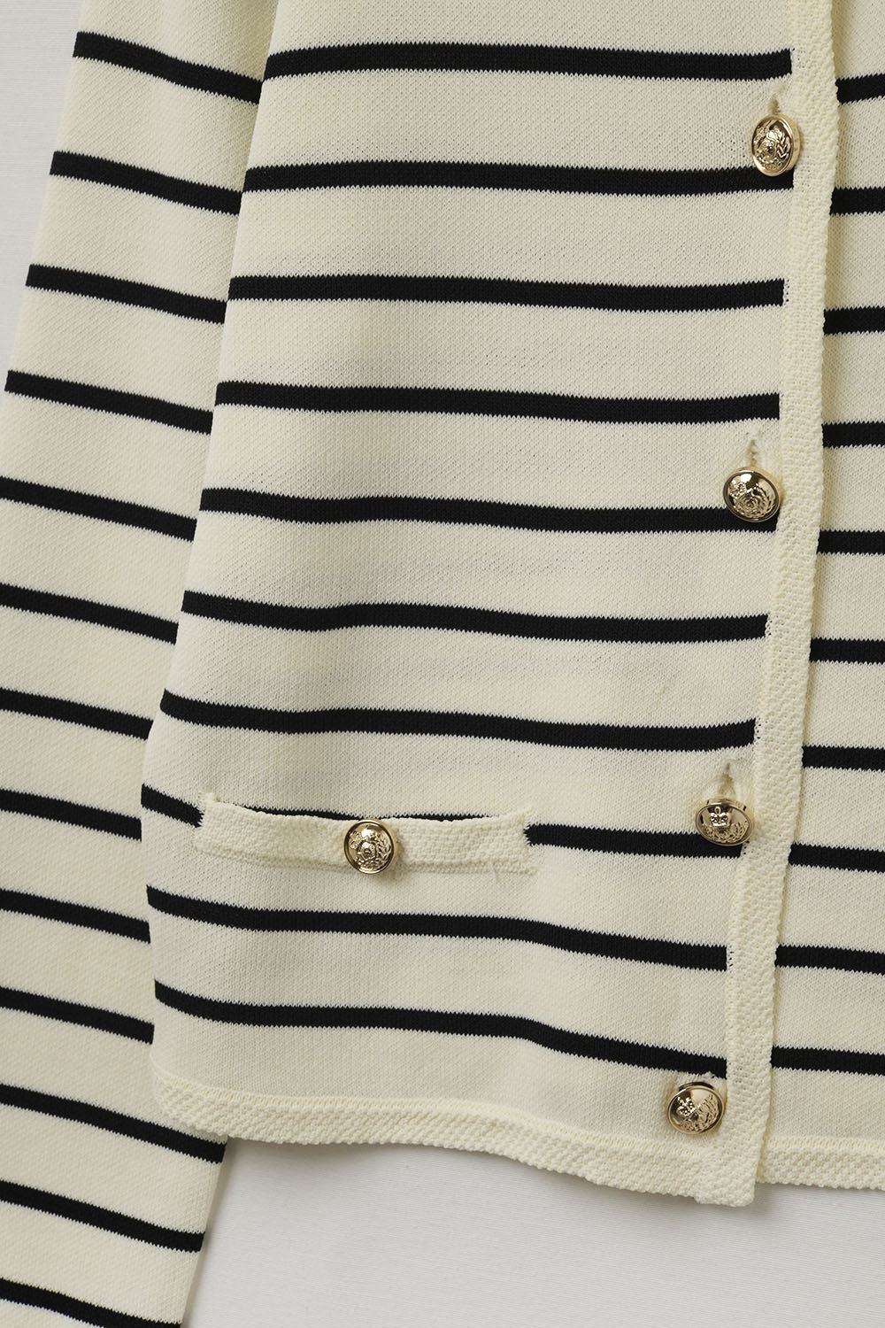 Cream Cardigan with Black Stripes and Gold Buttons
