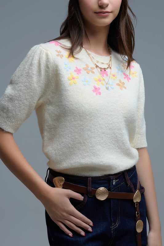 Q2 Cream chunky knit short-sleeved sweater with pastel-colored embroidered flowers