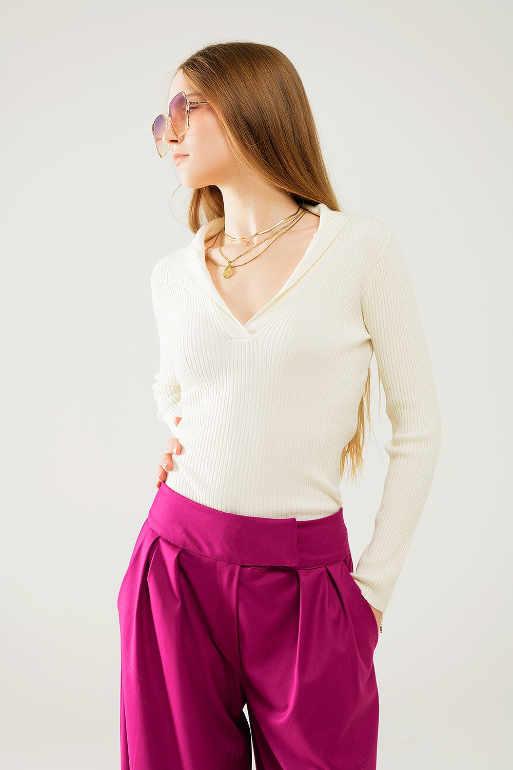cream Collared Rib sweater With Long Sleeves