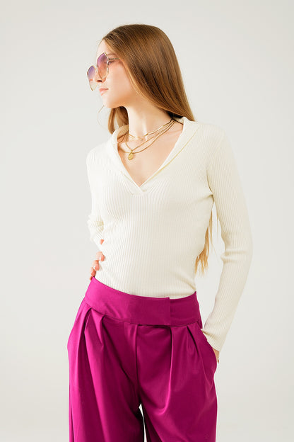 cream Collared Rib sweater With Long Sleeves
