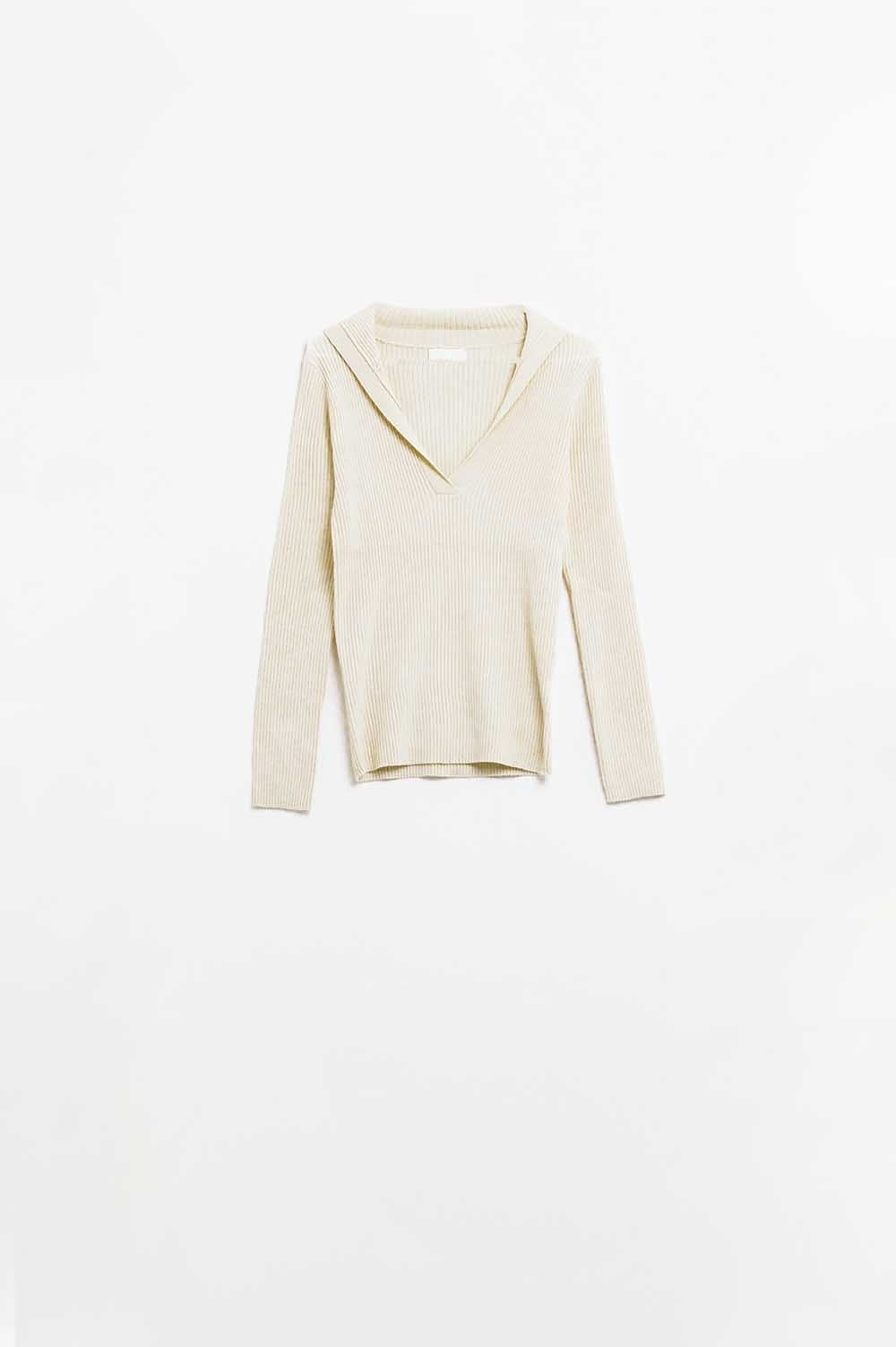 cream Collared Rib sweater With Long Sleeves