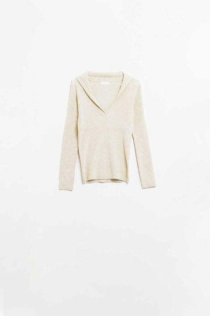 cream Collared Rib sweater With Long Sleeves