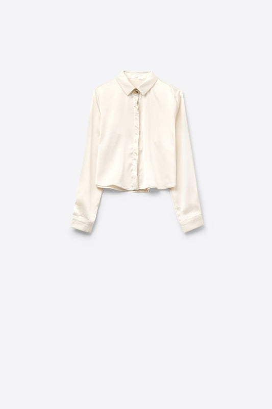 Q2 Cream cropped textured satin shirt