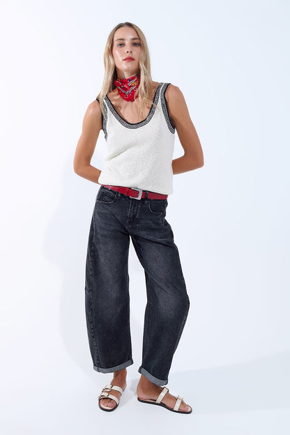 Cream Knit Tank Top with Black Trim