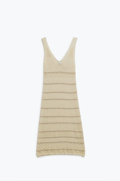 Q2 Cream Midi Sleeveless Dress With V-neck and Crochet Design