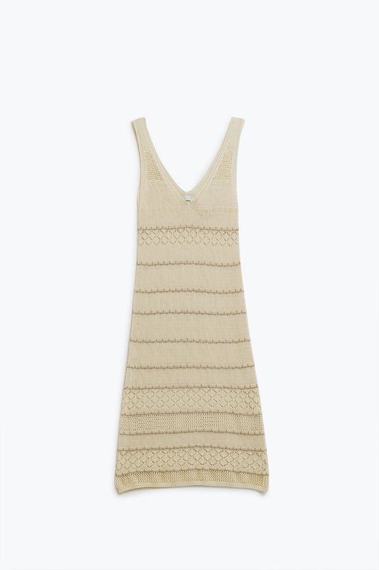Q2 Cream Midi Sleeveless Dress With V-neck and Crochet Design