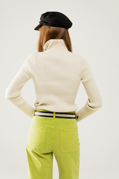 cream ribbed fitted sweater with zip closure