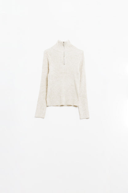 cream ribbed fitted sweater with zip closure