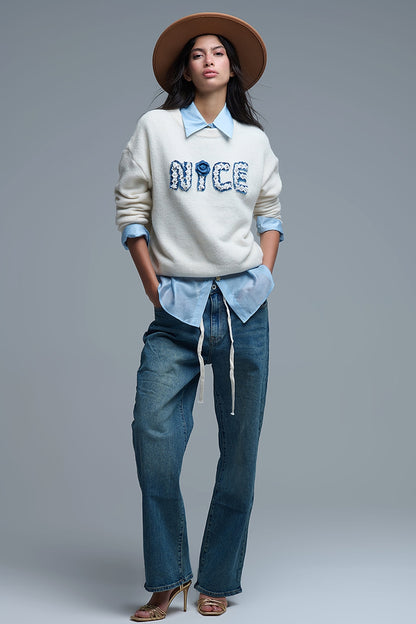 Cream Round Neck Sweater With Embroidered Nice