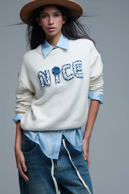 Q2 Cream Round Neck Sweater With Embroidered Nice