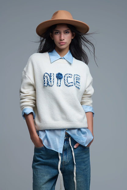 Cream Round Neck Sweater With Embroidered Nice