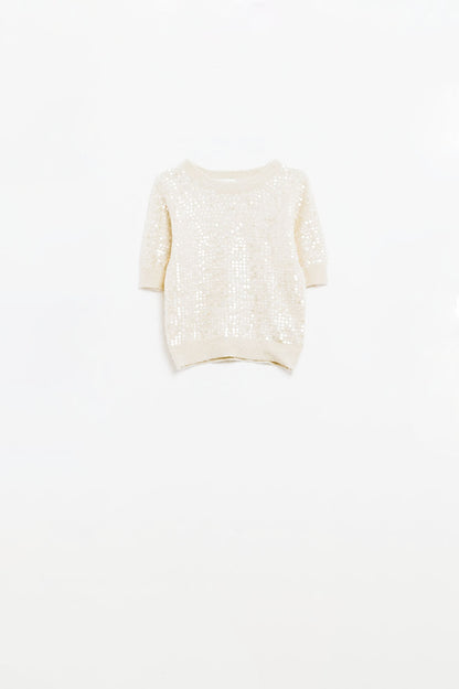 Cream short sleeve sequin sweater