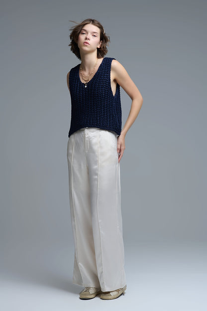 Crochet Cropped Vest in Navy With sequins Thread