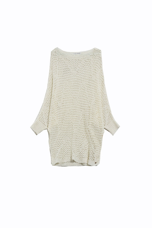Q2 Crochet Long Sweater in Cream in Batwing Design