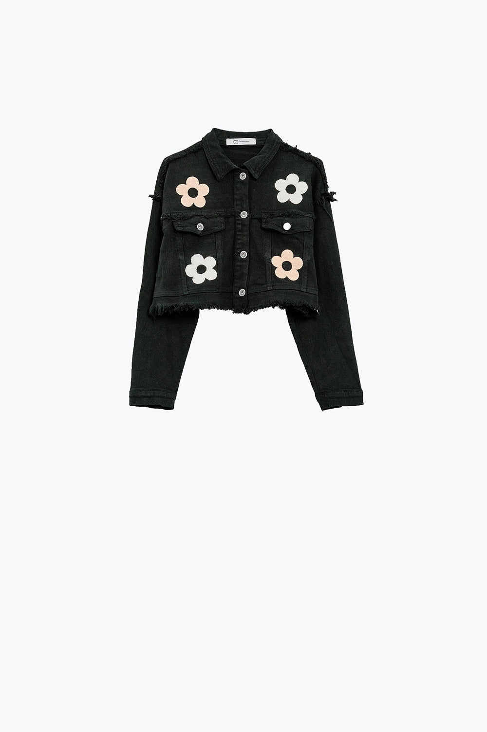 Q2 Cropped Jacket With Chest Pockets and Flower Details in black