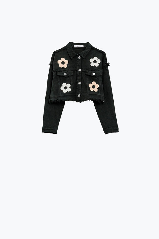 Q2 Cropped Jacket With Chest Pockets and Flower Details in black