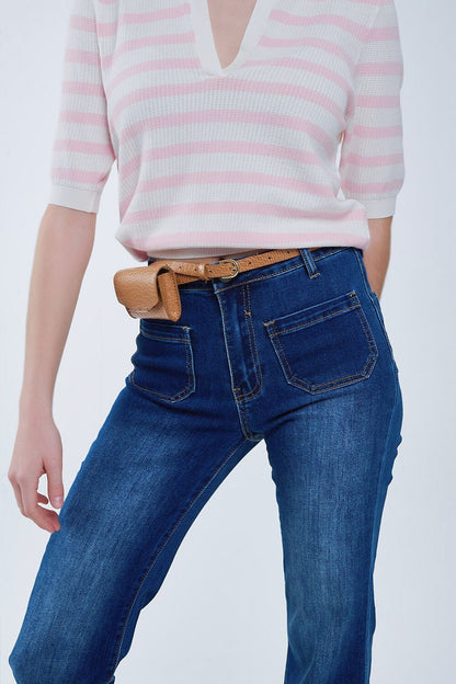 Dark Blue Flared Jeans with Front Pockets