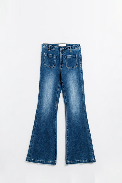 Dark Blue Flared Jeans with Front Pockets