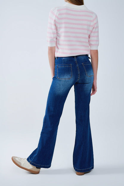 Dark Blue Flared Jeans with Front Pockets