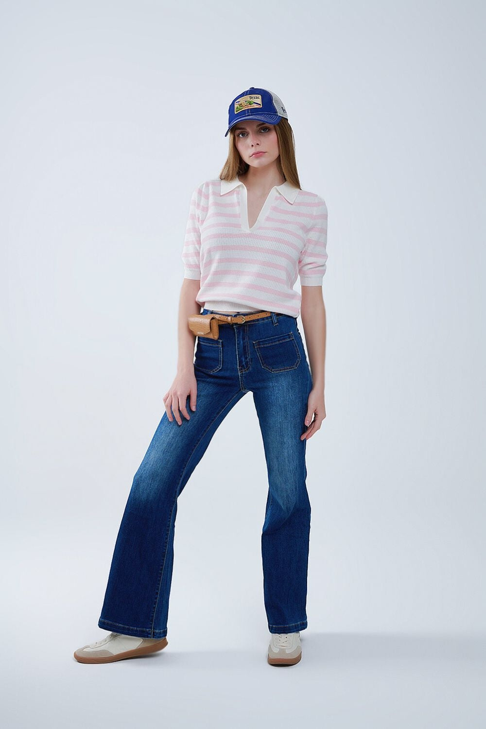 Dark Blue Flared Jeans with Front Pockets