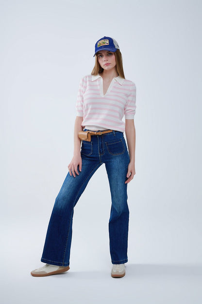 Dark Blue Flared Jeans with Front Pockets