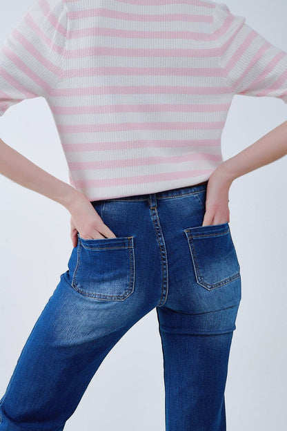 Dark Blue Flared Jeans with Front Pockets