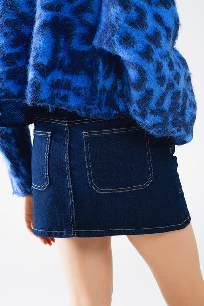 Dark wash denim mini skirt with front pockets