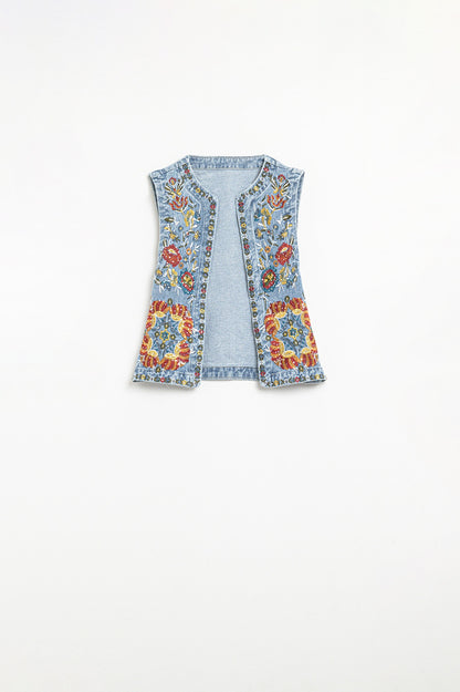 Q2 Denim Vest with Floral Embroidery