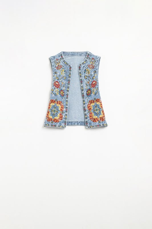 Q2 Denim Vest with Floral Embroidery