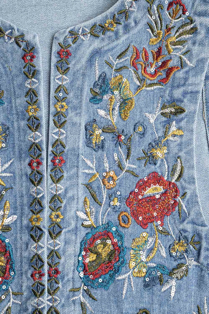 Denim Vest with Floral Embroidery