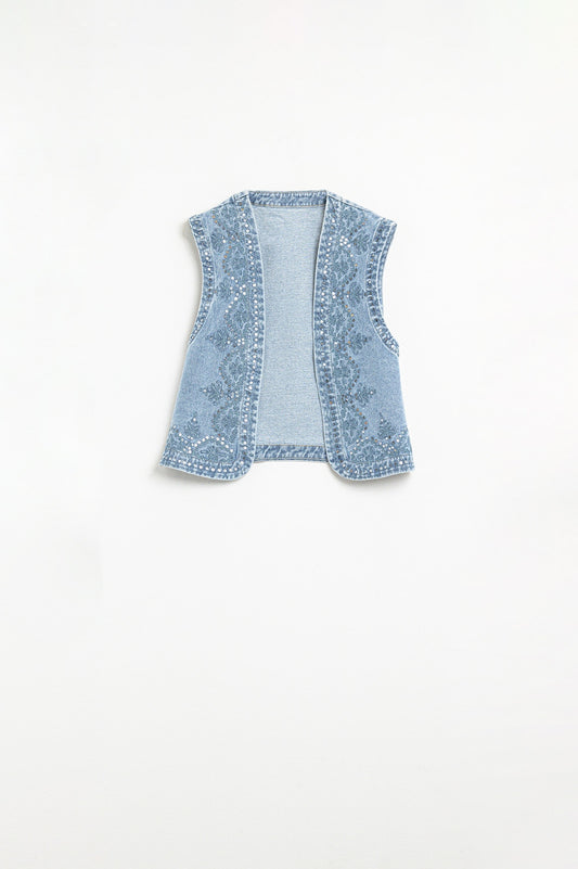 Q2 Denim Vest with sequin Pattern