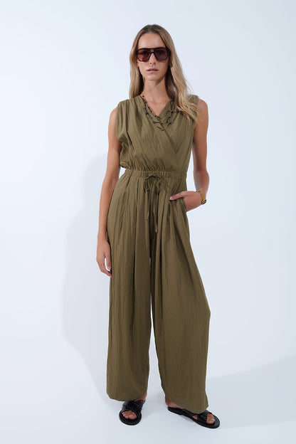 Q2 draped olive jumpsuit in crinkled fabric