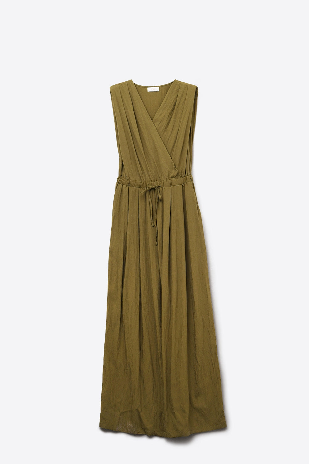 draped olive jumpsuit in crinkled fabric