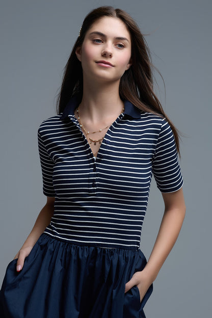 Dress With Polo Striped Top and Poplin midi Skirt in Navy