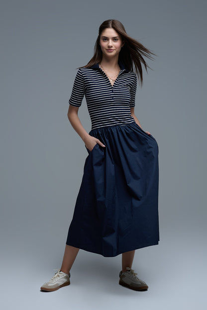 Dress With Polo Striped Top and Poplin midi Skirt in Navy