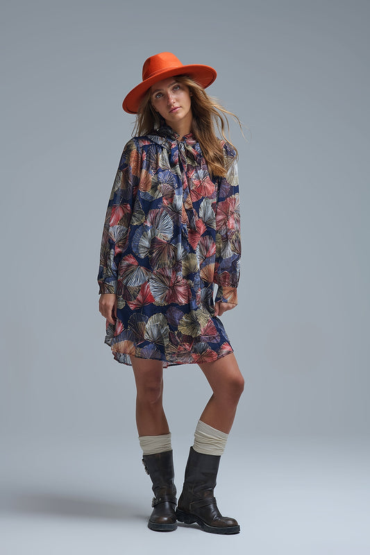 Q2 Elegant Floral A-Line Tie Neck Dress