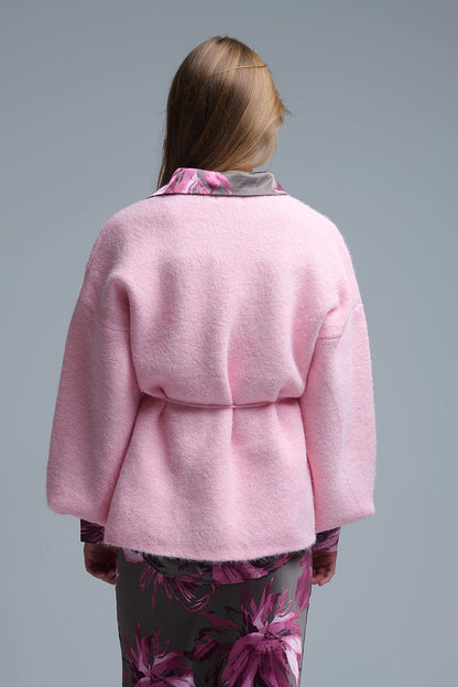 Elegant Pink Wrap Knitted Cardigan