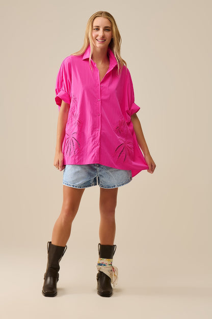 Embroidered Palm trees Fuchsia Oversized Shirt
