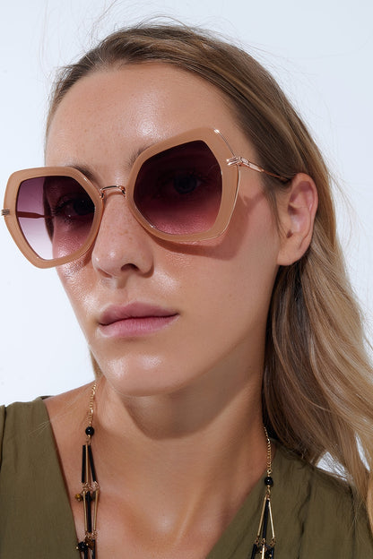 Extra Large Hexagonal Cat Eye Sunglasses in Beige