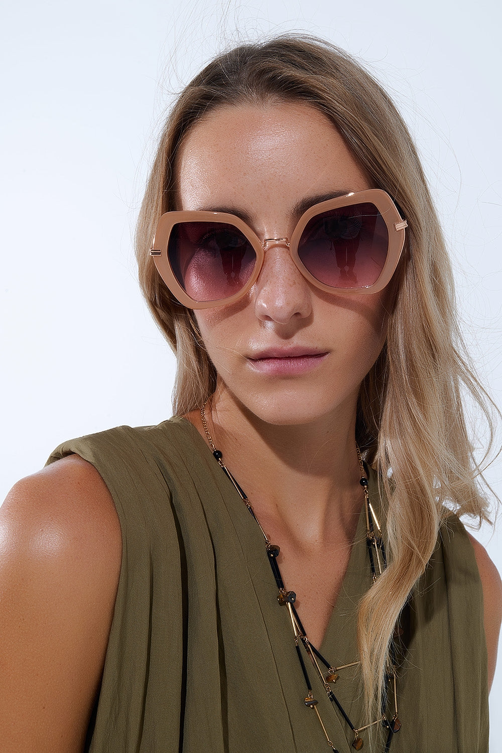 Q2 Extra Large Hexagonal Cat Eye Sunglasses in Beige