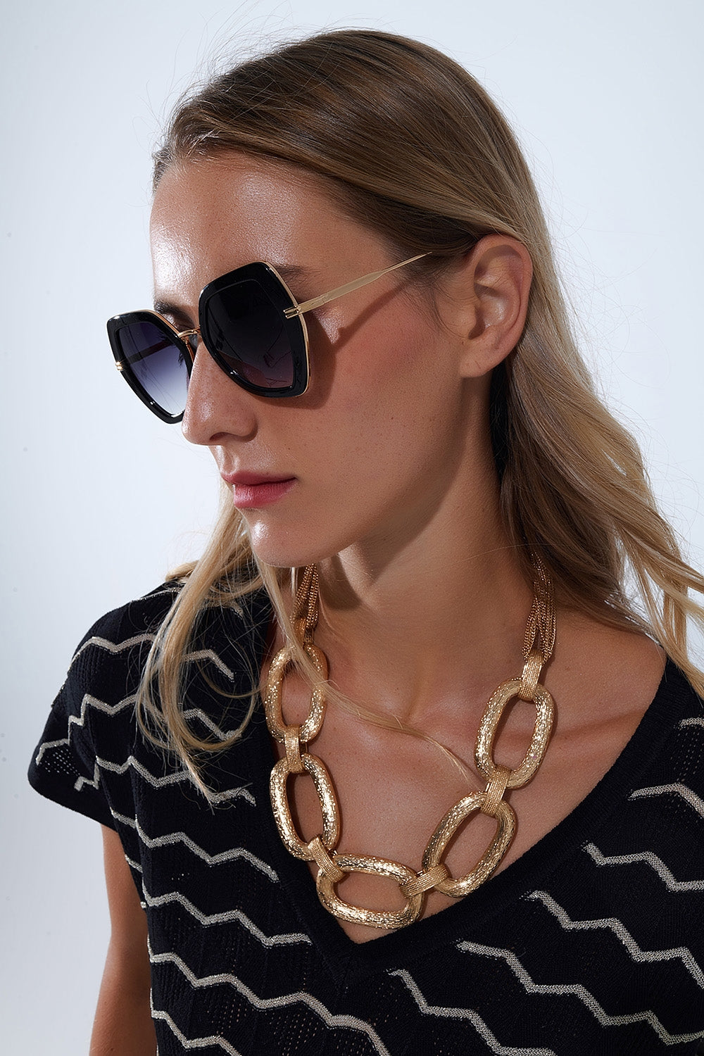 Extra Large Hexagonal Cat Eye Sunglasses in Black