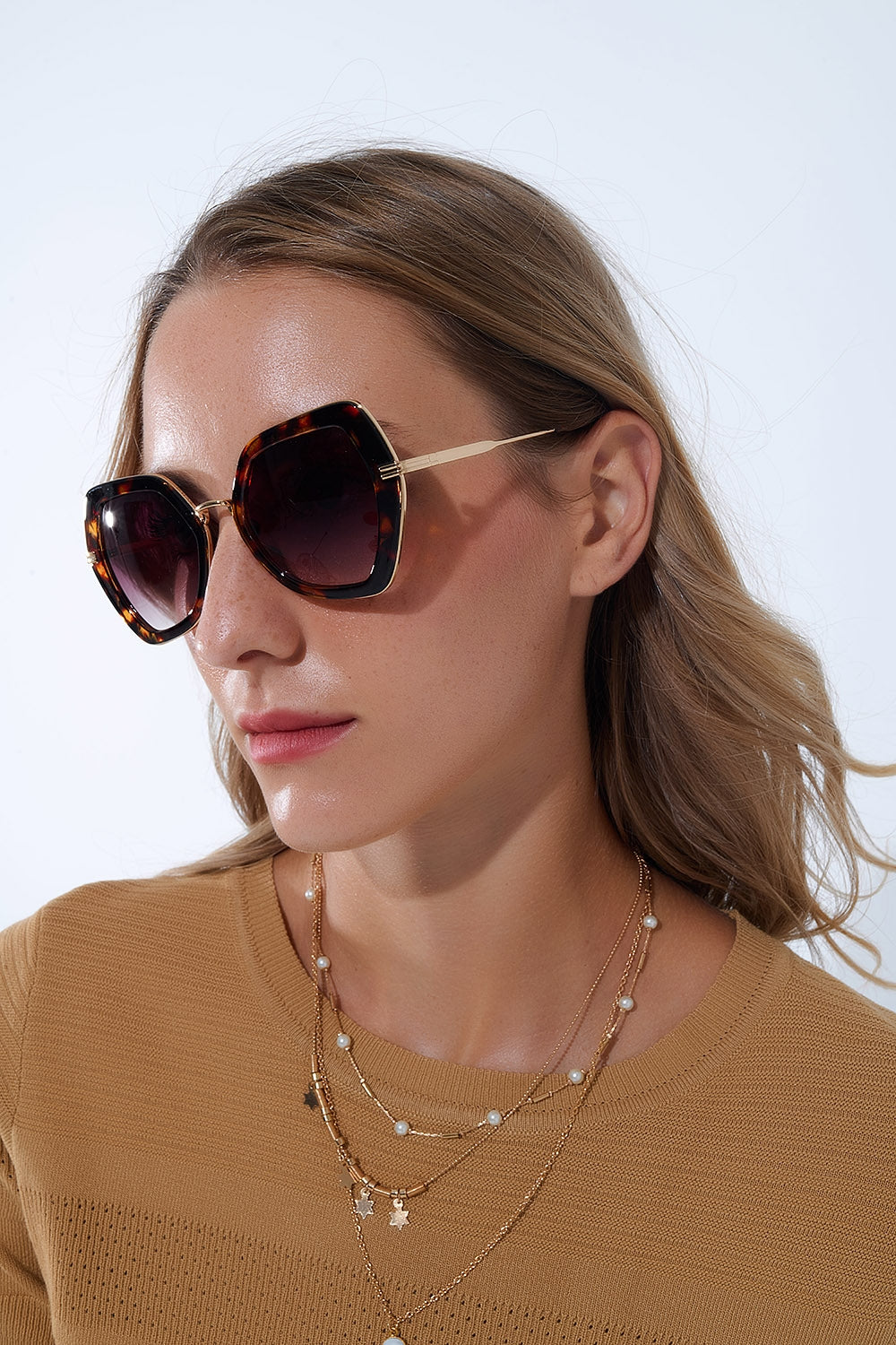 Q2 Extra Large Hexagonal Cat Eye Sunglasses in Tortoiseshell
