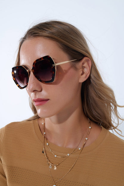 Q2 Extra Large Hexagonal Cat Eye Sunglasses in Tortoiseshell