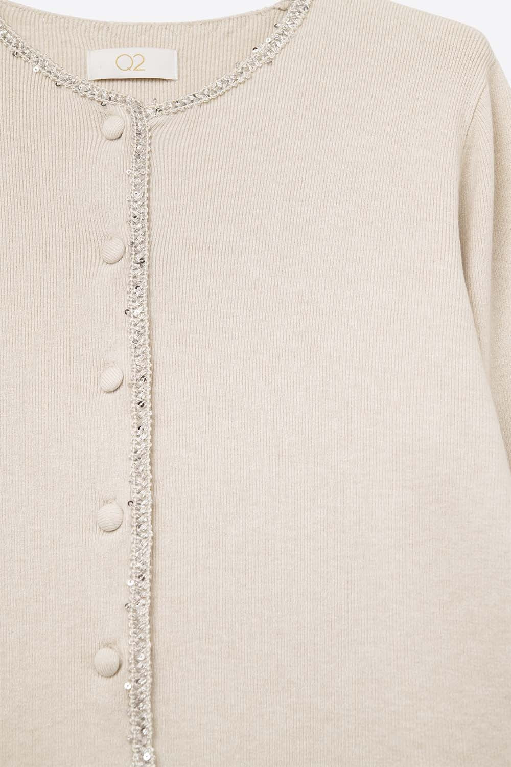 fine knit beige cardigan with rhinestone detail