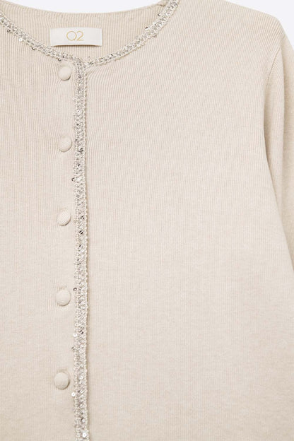 fine knit beige cardigan with rhinestone detail